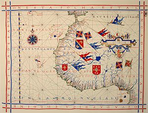 Nautical chart of Portuguese cartographer Fernão Vaz Dourado (c. 1520 - c. 1580), part of a nautical atlas drawn in 1571 and now kept in the Portuguese National Archives of Torre do Tombo, Lisbon.