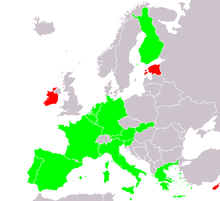 A map of Europe, highlighting the member countries of the eurozone and whether they have issued €2 commemorative coins or not. The eurozone member countries are most of western Europe south of Denmark, as well as Cyprus, Greece, Finland, Ireland and Malta.
