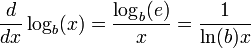 \frac{d}{dx}\log_b(x) = \frac{\log_b(e)}{x} =\frac{1}{\ln(b)x} 