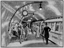 Sketch showing about a dozen people standing on an underground railway platform with a train standing at the platform. Several more people are visible inside the train, which has the words 
