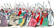 An engraving showing women armed with pikes and other weapons marching.