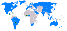 A map of the world showing countries which have relations with the Republic of China. Only a few small countries recognize the ROC, mainly in Central, South America and Africa.
