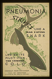 A poster with a shark in the middle of it which reads 
